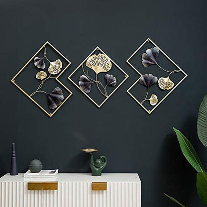 MKUN Iron Wall Sculptures - Set of 3 Diamond shaped Metal Wall Decor with Gingko Biloba Art Great for Home Hotel Decoration(Gold&Gray)