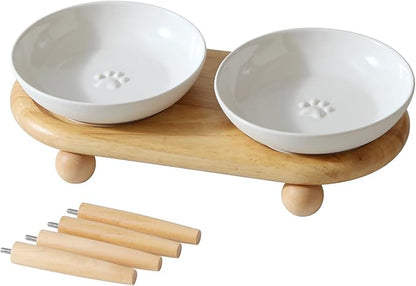 Raised Ceramic Wide Whisker Friendly Cat Dishes, Anti-Slip Food& Water Bowl with 2 Style Stand Adjustable Pet Bowl Set(2Dish+Stand, White)