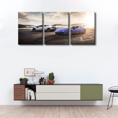 Super Car at Sunset Wall Art for Bedroom Sports Car Canvas Art Wall Decor White and Blue Cars Modern Wall Art Pictures for Living Room Hypercar Artwork Paintings Giclee Framed Ready to Hang 36"Wx16"H