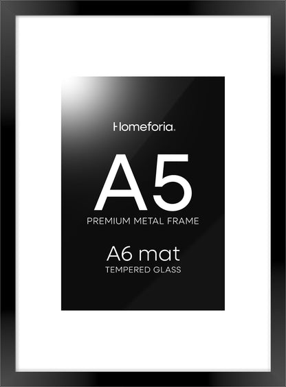 Homeforia A5 Picture Frame Black, High End Metal 5.8x8.3 Frames Matted to 4.1x5.8 Print, A5 Photo Frame with Mat A6, 5.8 x 8.3 Poster Frame, 8.3x5.8 Display Frames, Tempered Glass, Wall Kit, Set of 1