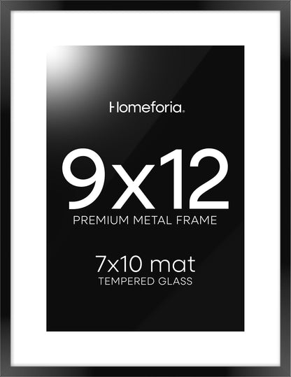 Homeforia 9x12 Picture Frame Black, High End Metal 9 x 12 Poster Frames with Mat 7 by 10 inch Photo, 9by12 Frame Matted to 7x10 in Art, 12x9 Wall or Tabletop Frames, Tempered Glass, Wall Kit, Set of 1
