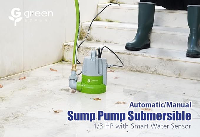 Green Expert 1/3HP Submersible Sump Pump with Unique Flow Sensor Switch Last-inch Water Drainage for Flooded Basement Backyard Pool Hot Tub Rain Barrel Easy to Use Backup Drain Pump 25-Foot Power Cord
