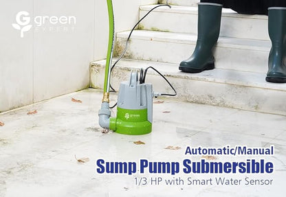 Green Expert 1/3HP Submersible Sump Pump with Unique Flow Sensor Switch Last-inch Water Drainage for Flooded Basement Backyard Pool Hot Tub Rain Barrel Easy to Use Backup Drain Pump 25-Foot Power Cord