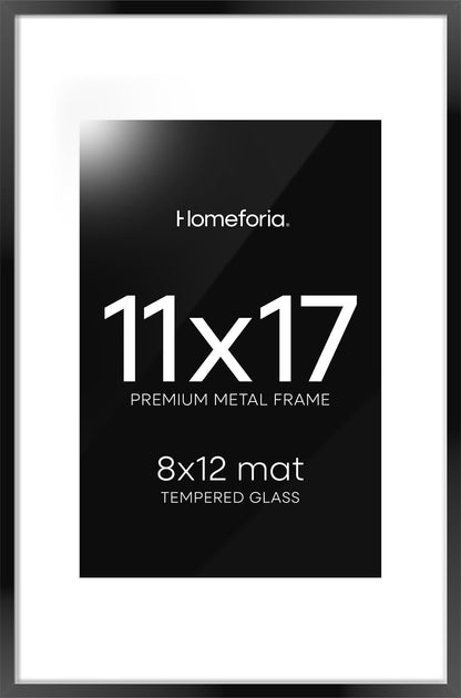Homeforia 11 x 17 Picture Frame Black, High End Metal 11x17 Poster Frames with Mat 8x12 for Photo, 11 x 17 Black Frame Matted to 8 x 12 inch Print, 17x11 Thin Frame, Tempered Glass, Wall Kit, Set of 1