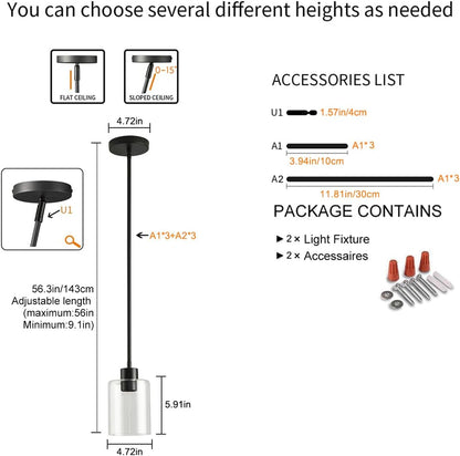 Black Pendant Lights Kitchen Island,Modern Farmhouse Glass Pendant Light,Light Fixture Kitchen Pendant Mini Hanging Light Fixture for Sink (Black 2 Pack Stem Rod)