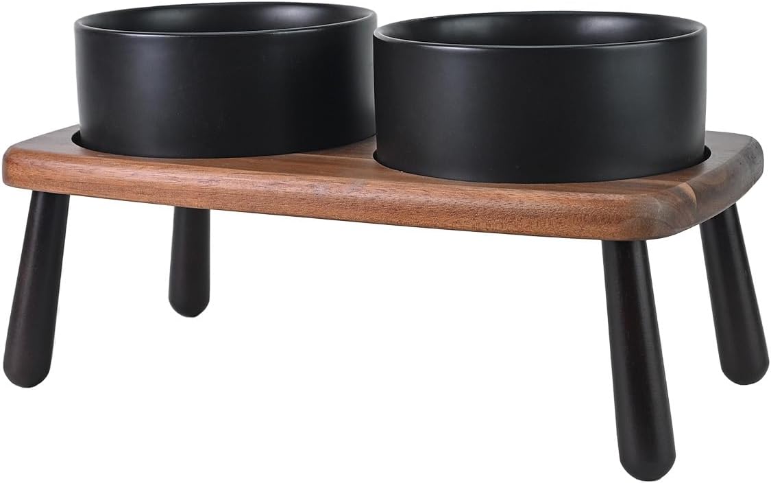 SPUNKYJUNKY Ceramic Elevated Dog Bowls Raised with Acacia Bamboo Wooden Stand, 6.1'' Dog and Cat Food Water Bowls Set Non-Slip for Small Medium Sized Breed Microwave Dishwasher Safe - 28.7 OZ,Black