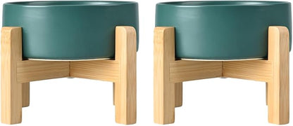 SPUNKYJUNKY Ceramic Elevated Dog Bowls 2 Pack - 6.1inch Raised Dog Bowls with Non-Slip Wooden Stand for Medium Dogs Dishwasher Safe(Green,28.7OZ*2)