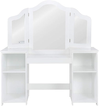 GOFLAME Kids Vanity Table, 2 in 1 Detachable Design with Dressing Table and Writing Desk, Princess Style, White MDF and Plastic Mirror, 42"×16"×46" (L×W×H), 2 Oversized Shelves, 3-Panel Mirror