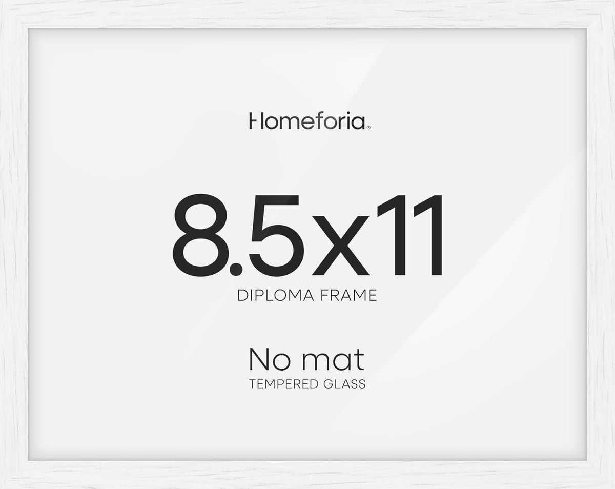 Homeforia 8.5 x 11 Diploma Frame White Wood, High End Oak 8.5x11 Certificate Frames, 11x8.5 Document Frames for Wall or Tabletop, 8.5 by 11 Award White Wooden Frame, Tempered Glass, Wall Kit, Set of 1
