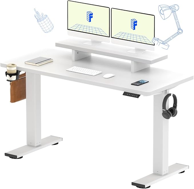 FLEXISPOT Standing Desk with Monitor Stand, 55 x 24 Inches One-Piece Electric Height Adjustable Computer Desk with Cup Holder, Home Office Desks (White Frame+ White Top)