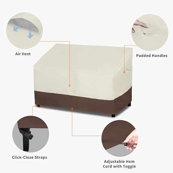 Easy-Going Waterproof Outdoor Loveseat, Heavy Duty 2-Seater Patio Couch, Windproof Furniture Cover with Air Vent (58Wx40Dx31H inch, Beige/Dark Brown)