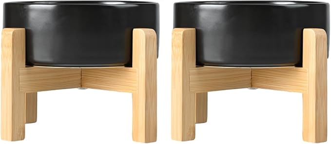 SPUNKYJUNKY Ceramic Elevated Dog Bowls 2 Pack - 5.1inch Raised Dog Bowls with Non-Slip Wooden Stand for Small Dogs Dishwasher Safe(Black,13.5OZ*2)