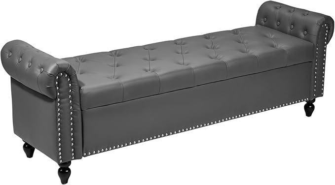 VEVOR Button-Tufted Storage Ottoman Bench, Rolled Arm PU Leather Bench with Solid Wood Legs, Modern Shoe Benches Seat for Entryway, Upholstered End of Bed Benches for Living Room, Dining Room, Gray