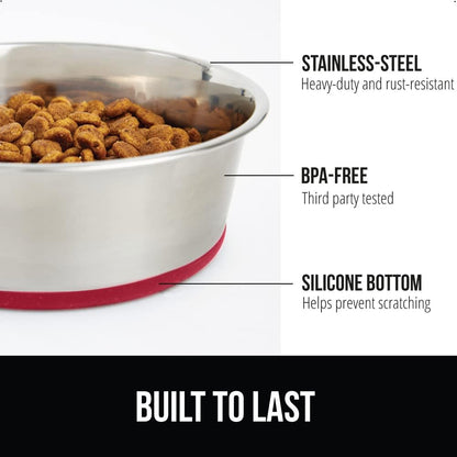 GORILLA GRIP Set of 2 Dog Bowls, Holds 4 Cups (32 fl oz), Heavy Duty Metal Food and Water Bowl for Feeding Dogs and Cats, Dishwasher Safe, Rust Resistant Stainless Steel, BPA Free Rubber Base, Red