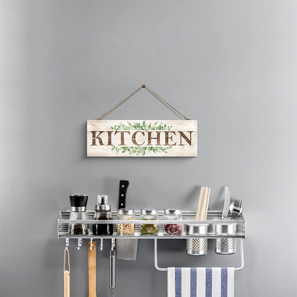 Kitchen Sign Wall Decor, Kitchen Wall Art with Plant Print, Rustic Farmhouse Wall Hanging Plaque Home Kitchen Decorative Kitchen, 4.7 x 13.7 inches