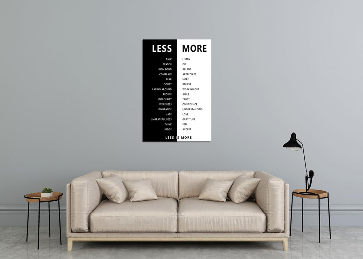 Motivational Print Wall Art for Office Black and White Less is More Inspirational Poster Inspiring Picture Painting Modern Artwork for Home Bedroom Living Room Office Decor Frame[24''W X 36''H]