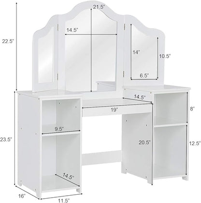 GOFLAME Kids Vanity Table, 2 in 1 Detachable Design with Dressing Table and Writing Desk, Princess Style, White MDF and Plastic Mirror, 42"×16"×46" (L×W×H), 2 Oversized Shelves, 3-Panel Mirror