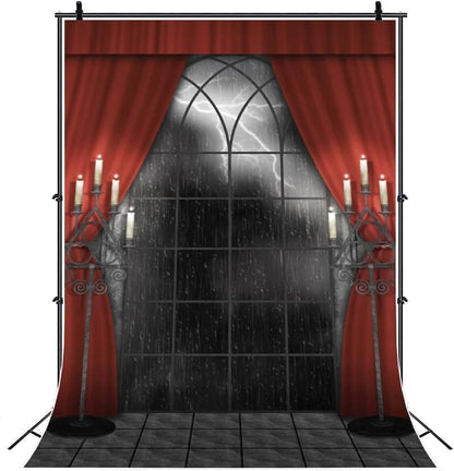 Renaiss 6x9ft Vintage Gothic Window Backdrop Red Curtain Candlestick Black Floor Lightning Stormy Sky Vampire Medieval Castle Photography Background Halloween Dress Up Party Decors Photo Booth Props