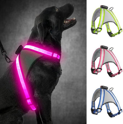 Visinite LED Dog Harness, USB Rechargeable Light Up Dog Vest, 2 Illuminate Modes Glow in The Dark Dog Harness, Adjustable Lighted Pet Harness Light for Night Walking Safety (Pink, L)