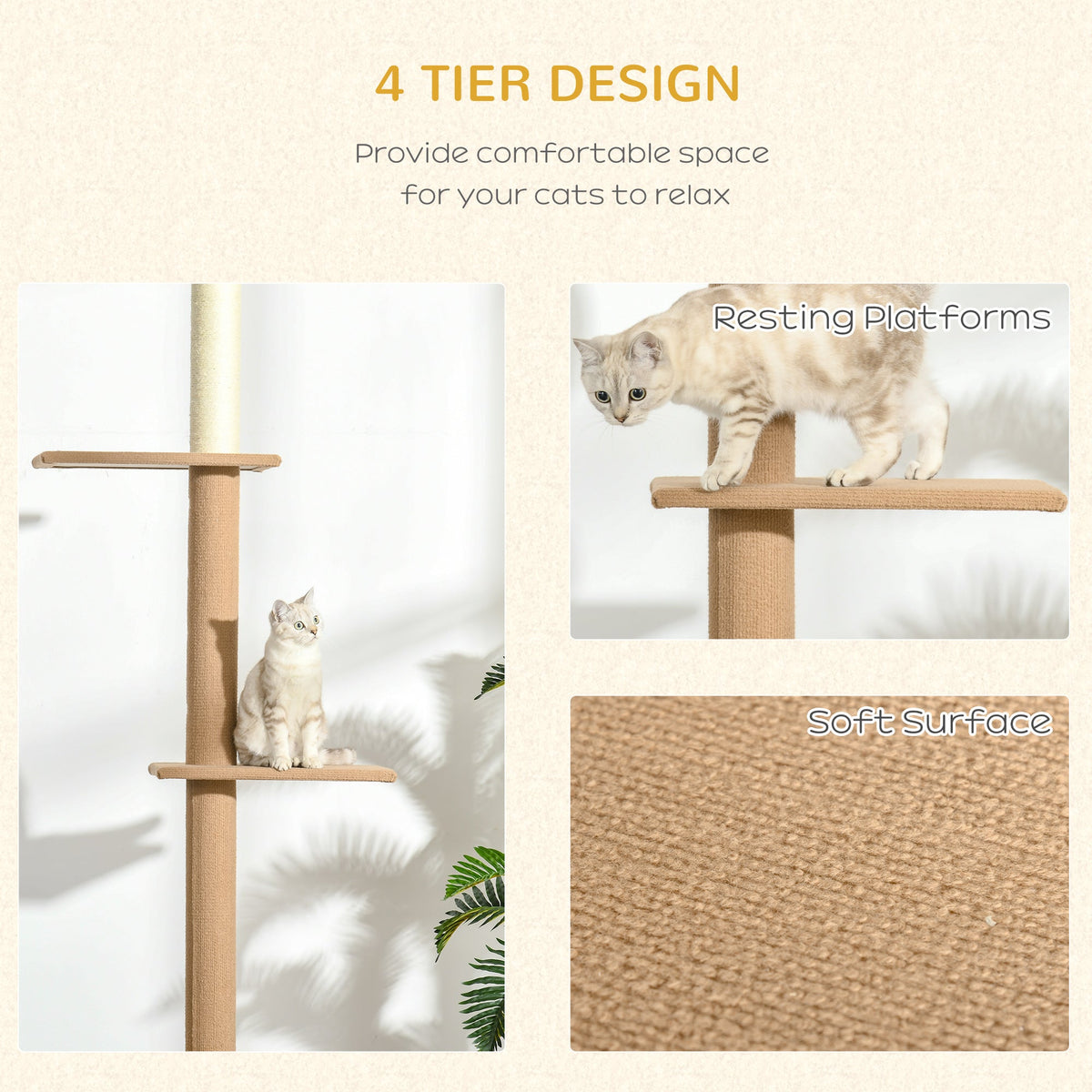 Floor-to-Ceiling Cat Tree Climbing Tower with Sisal-Covered Scratching Posts Natural Cat Tree Activity Center for Kittens Tower Furniture, Light brown