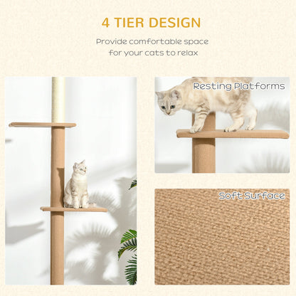 Floor-to-Ceiling Cat Tree Climbing Tower with Sisal-Covered Scratching Posts Natural Cat Tree Activity Center for Kittens Tower Furniture, Light brown