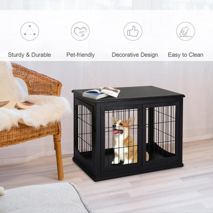 Dog Crate Furniture, 32" Small Dog Cage End Table with 2 Doors, Lockable Door, Puppy Kennel Indoor, Black