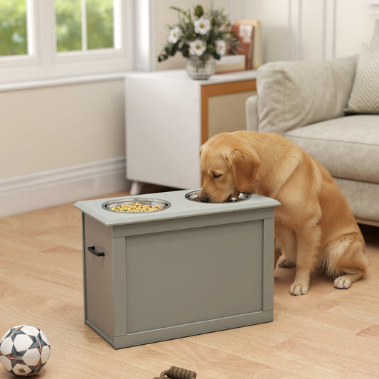 Raised Pet Feeding Storage Station with 2 Stainless Steel Bowls Base for Large Dogs and Other Large Pets, Gray