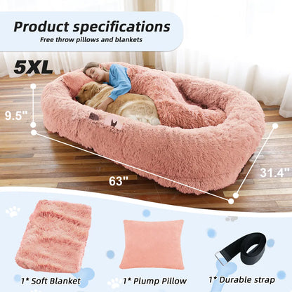 Human Dog Bed, Large Size Fits You And Pets, Washable Faux Fur Dog Bed For People Doze Off, Napping Orthopedic Dog Bed, Present Plump Pillow, Blanket, Strap