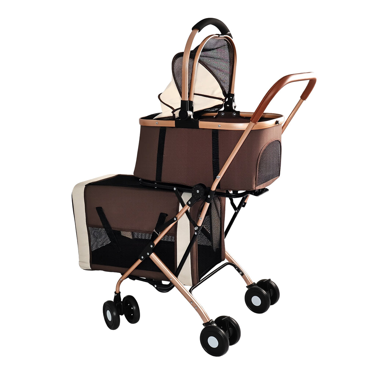 3-in-1 Double Pet Stroller For Small Medium Dogs Cats, Foldable Frame Convertible Pet Carrier Tote, Shockproof Wheels With Brake System, Dual Fixed Safety Leashes For Multi-Pet Households