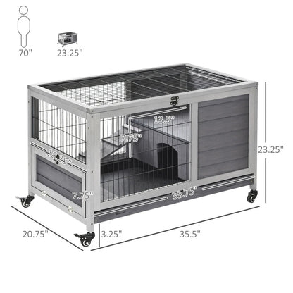 PawHut Indoor Rabbit Enclosure, Wooden Elevated Cage Habitat With Enclosed Run With Wheels - Ideal For Rabbits And Guinea Pigs