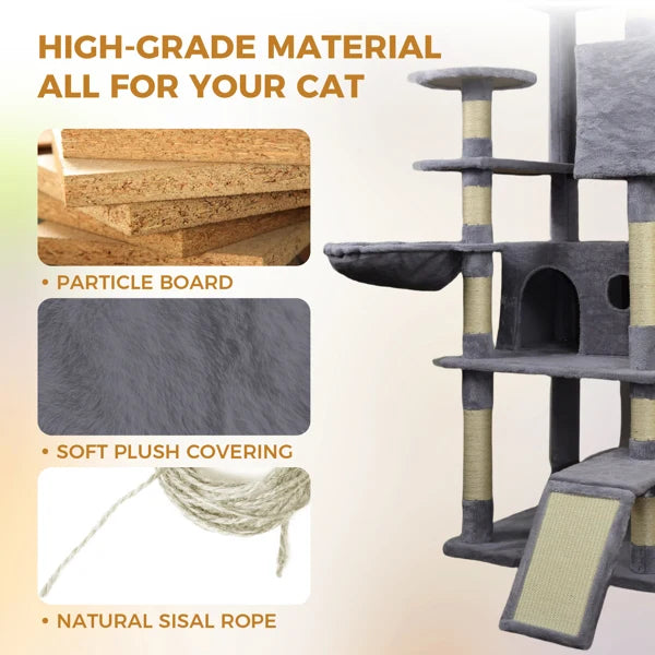 84.6 In Dark Gray Cat Tree Tower With Wide Base, 3 Large Hinding Condo, 11 Sisal Scratching Post, Sisal Scratching Ladder, 2 Hammocks, Large Top Platform, Many Landing Perch And Interactive Toy