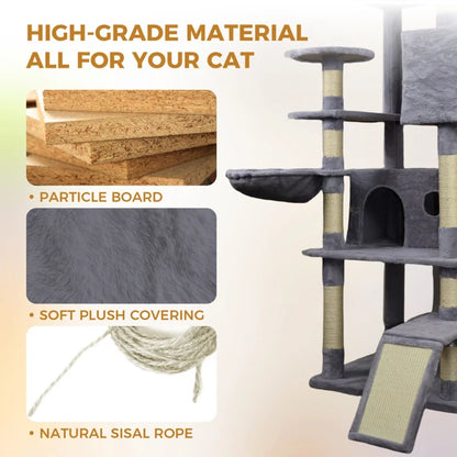 84.6 In Dark Gray Cat Tree Tower With Wide Base, 3 Large Hinding Condo, 11 Sisal Scratching Post, Sisal Scratching Ladder, 2 Hammocks, Large Top Platform, Many Landing Perch And Interactive Toy