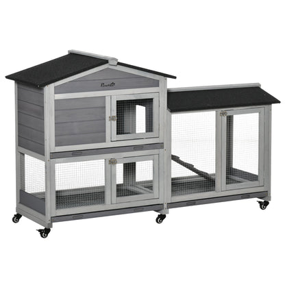 62" Wooden Mobile Rabbit Hutch with Wheels, Run Box, Slide-out Tray, Ramp