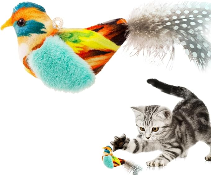 Catnip Cat Toys Satisfy Cat's Natural Hunting Instintion for Indoors Cats Feather Toys Interactive with Lifelike Chirp Sound Chirping Bird Kitten Toy (2 Pack)
