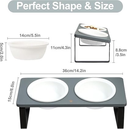 Sunhoo Ceramic Elevated Cat Bowls Raised Puppy Dishes for Food and Water Tilted Wooden Stand for Indoor Cats 5.5 inch Wide Double Dish Orthopedic Reduces Vomiting (Grey)