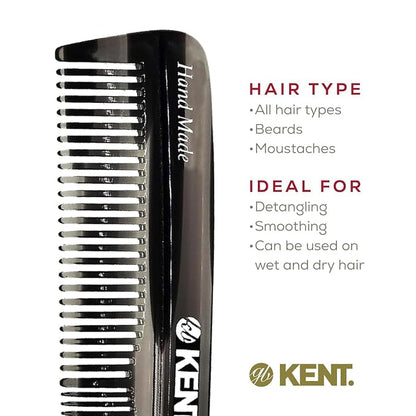 Kent R7T Black Graphite Double Tooth Hair Pocket Comb, Small Fine/Wide Tooth Comb For Grooming Styling Hair, Beard and Mustache, for Men, Women and Kids. Saw Cut and Hand Polished. Handmade in England