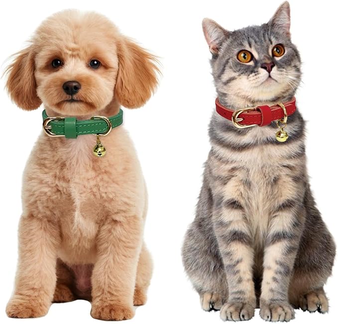Guiding Star Leather Collar for Puppy, Cute Soft Thin Dogs Collars for Small Medium Dogs, Cat Collar with Bell (Black, XS, 9"-12")