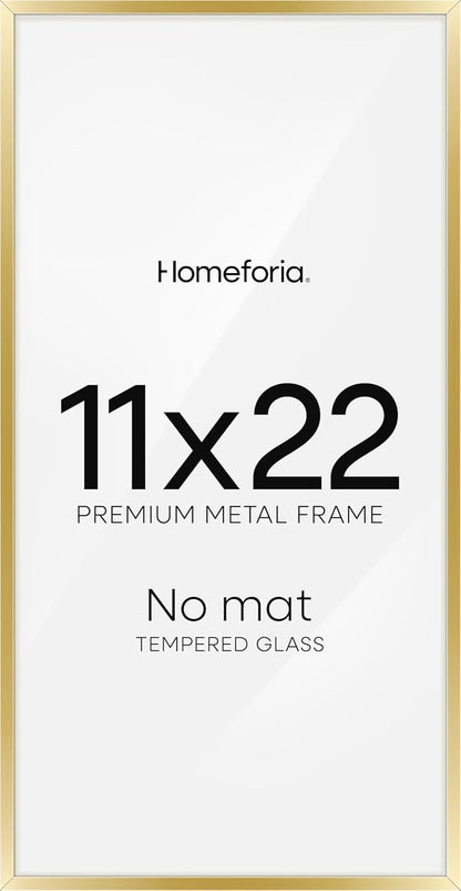 Homeforia 11x22 Newspaper Frame Gold, High End Metal 11 x 22 Picture Frame without Mat, 22x11 Thin Gold Poster Frames for Wall, 11 by 22 inches Display Photo Frames, Tempered Glass, Wall Kit, Set of 1