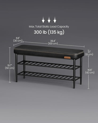 VASAGLE EKHO Collection - Shoe Rack Bench, Storage Bench for Entryway, Synthetic Leather with Stitching, Mid-Century Modern, Loads 300 lb, 11.8 x 39.4 x 19.7 Inches, Ink Black ULSB113B01