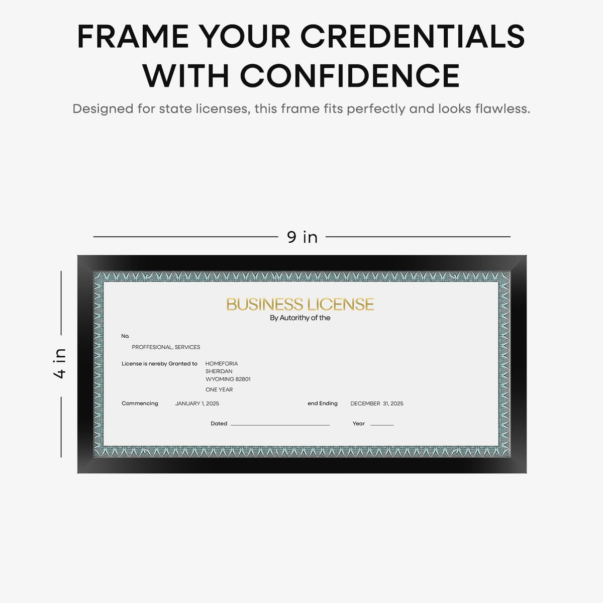 Homeforia 4x9 Business License Frame Black, High End Metal 4 x 9 Certificate Frames with Real Glass, 9x4 Document Frames for Wall or Tabletop, 4 by 9 Picture Frames, Tempered Glass, Wall Kit, Set of 1