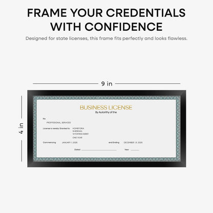 Homeforia 4x9 Business License Frame Black, High End Metal 4 x 9 Certificate Frames with Real Glass, 9x4 Document Frames for Wall or Tabletop, 4 by 9 Picture Frames, Tempered Glass, Wall Kit, Set of 1
