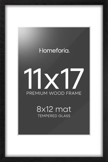 Homeforia 11x17 Picture Frame Black Wood, High End Oak 11x17 Poster Frames with Mat 8x12, 11 x 17 Wooden Frame Matted to 8 x 12 inch Photo, 17x11 Thin Hanging Frame, Tempered Glass, Wall Kit, Set of 1