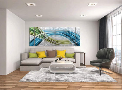 Yihui Arts Abstract Metal Wall Art - Hand Crafted 5 Pieces Panels Large Big Blue Teal Silver Unique 3D Aluminum Modern Contemporary Home Accent