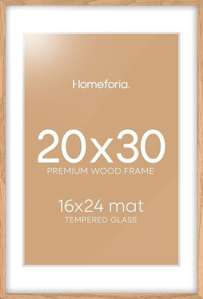 Homeforia 20x30 Picture Frame Wood, High End Natural Oak 20 x 30 Frame with Mat 16 by 24, 20x30 Light Wooden Poster Frames Matted to 16x24 Photo, 30by20 Large Frame, Tempered Glass, Wall Kit, Set of 1
