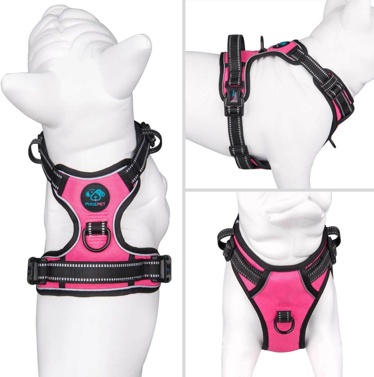 PHOEPET Reflective Dog Harness No Pull Large Breed Vest with 2 Metal Leash Attachment Hooks(XL, Pink)