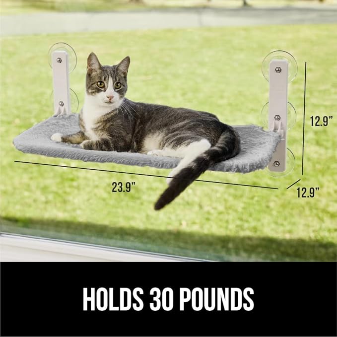 GORILLA GRIP Cat Window Perch, Foldable Cat Window Hammock Bed with 6 Large Suction Cups, Cordless Indoor Wall Shelves, Strong Metal Frame Holds 30lbs, Reversible Washable Sherpa Cover, Medium Gray
