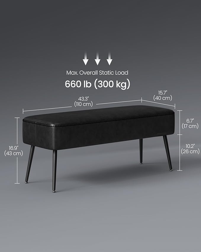 VASAGLE EKHO Collection - Bench for Entryway Bedroom, Synthetic Leather with Stitching, Ottoman Bench with Steel Legs, Living Dining Room, Mid-Century Modern, Loads 660 lb, Ink Black ULOM076B01
