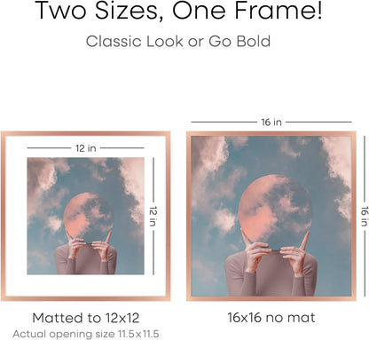 Homeforia 16x16 Picture Frame Rose Gold, High End Metal 16 x 16 Square Poster Frame with Mat 12 x 12 Photo, 16x16 Frame Matted to 12x12 Print, 16by16 Hanging Frames, Tempered Glass, Wall Kit, Set of 1