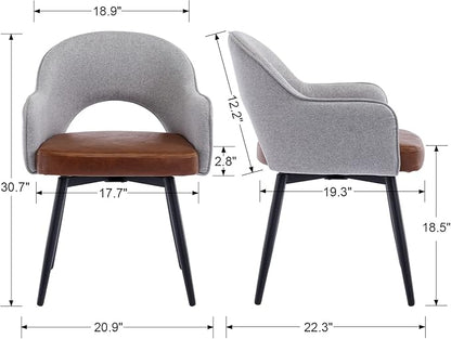 DUOMAY Modern Swivel Dining Chairs Set of 2, Linen & Faux Leather Upholstered Accent Side Chair, Home Office Desk Chair with No Wheels for Dining Room Living Room Office, Light Grey