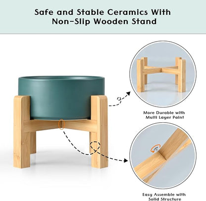 SPUNKYJUNKY Ceramic Elevated Dog Bowls 2 Pack - 8.3inch Raised Dog Bowls with Non-Slip Wooden Stand for Large Dogs Dishwasher Safe(Green,60OZ*2)